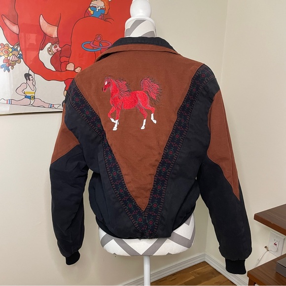 Cripple Creek Southwest Black Tan Embroidered Horse Bomber Jacket “Debbie” Small - Picture 13 of 16